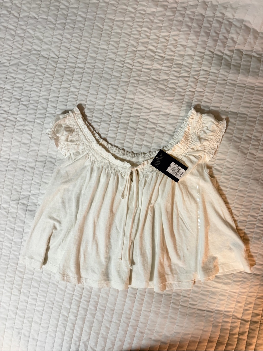 Universal Thread Cream Off-Shoulder Smocked Tie Front Top